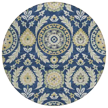 8' Navy Blue Gold And Beige Round Floral Washable Indoor Outdoor Area Rug