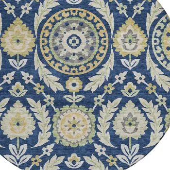 8' Navy Blue Gold And Beige Round Floral Washable Indoor Outdoor Area Rug