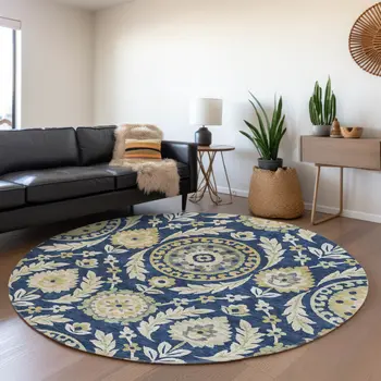 8' Navy Blue Gold And Beige Round Floral Washable Indoor Outdoor Area Rug