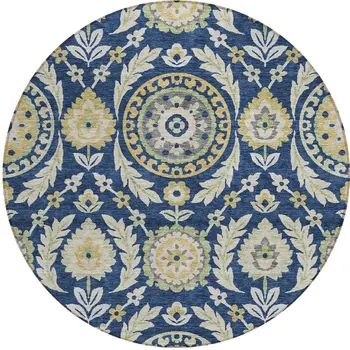 8' Navy Blue Gold And Beige Round Floral Washable Indoor Outdoor Area Rug