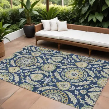 8' X 10' Navy Blue Gold And Beige Floral Washable Indoor Outdoor Area Rug