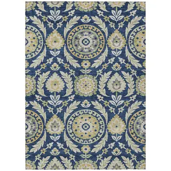 9' X 12' Navy Blue Gold And Beige Floral Washable Indoor Outdoor Area Rug