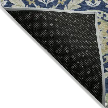 9' X 12' Navy Blue Gold And Beige Floral Washable Indoor Outdoor Area Rug