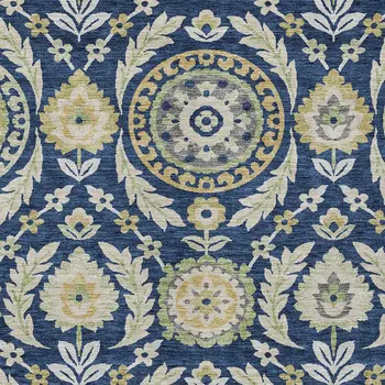 9' X 12' Navy Blue Gold And Beige Floral Washable Indoor Outdoor Area Rug