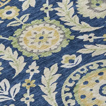 9' X 12' Navy Blue Gold And Beige Floral Washable Indoor Outdoor Area Rug