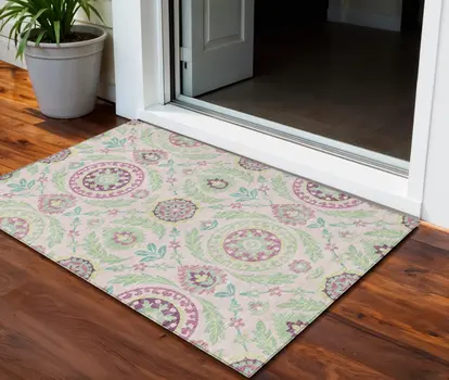 3' X 5' Pink Mauve And Mint Green Floral Washable Indoor Outdoor Area Rug