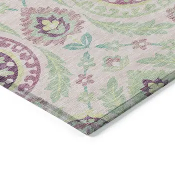 5' X 8' Pink Mauve And Mint Green Floral Washable Indoor Outdoor Area Rug
