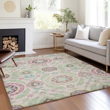 5' X 8' Pink Mauve And Mint Green Floral Washable Indoor Outdoor Area Rug