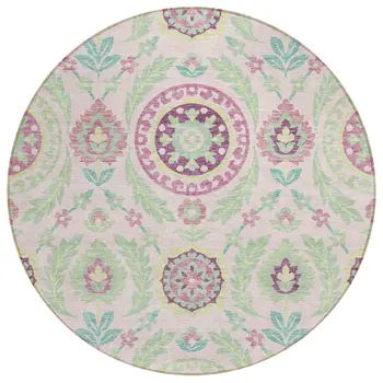 8' Pink Mauve And Mint Green Round Floral Washable Indoor Outdoor Area Rug