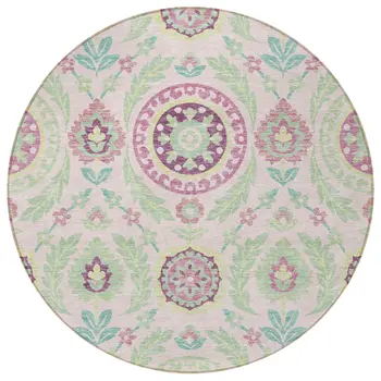 8' Pink Mauve And Mint Green Round Floral Washable Indoor Outdoor Area Rug
