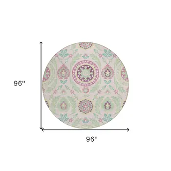 8' Pink Mauve And Mint Green Round Floral Washable Indoor Outdoor Area Rug