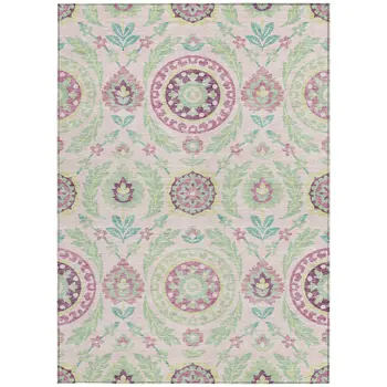 8' X 10' Pink Mauve And Mint Green Floral Washable Indoor Outdoor Area Rug