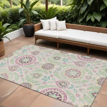 10' X 14' Pink Mauve And Mint Green Floral Washable Indoor Outdoor Area Rug