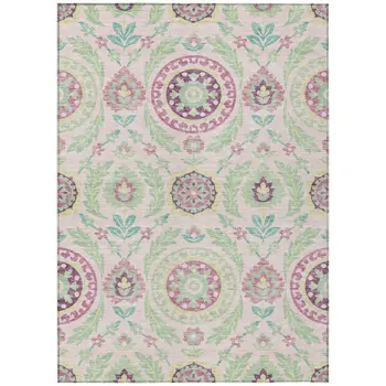 10' X 14' Pink Mauve And Mint Green Floral Washable Indoor Outdoor Area Rug