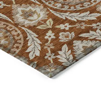 5' X 8' Orange Taupe And Gold Floral Washable Indoor Outdoor Area Rug