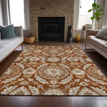 5' X 8' Orange Taupe And Gold Floral Washable Indoor Outdoor Area Rug