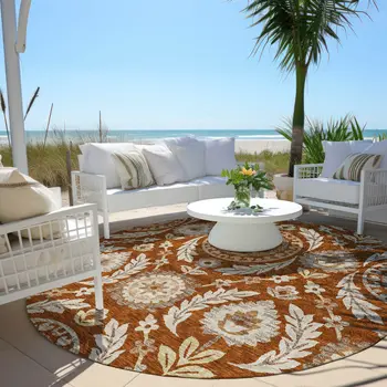 8' Orange Taupe And Gold Round Floral Washable Indoor Outdoor Area Rug