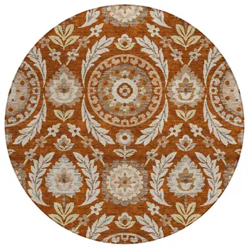 8' Orange Taupe And Gold Round Floral Washable Indoor Outdoor Area Rug