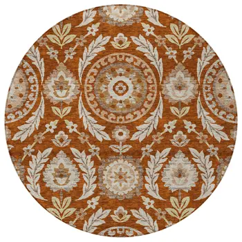 8' Orange Taupe And Gold Round Floral Washable Indoor Outdoor Area Rug