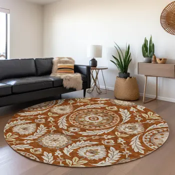 8' Orange Taupe And Gold Round Floral Washable Indoor Outdoor Area Rug