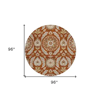 8' Orange Taupe And Gold Round Floral Washable Indoor Outdoor Area Rug