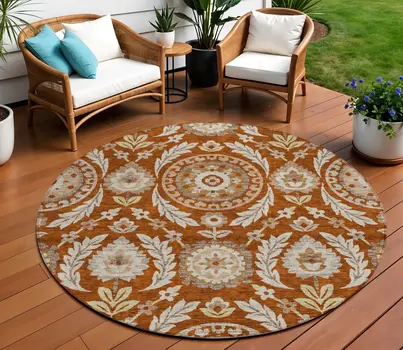 8' Orange Taupe And Gold Round Floral Washable Indoor Outdoor Area Rug