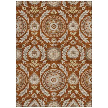 9' X 12' Orange Taupe And Gold Floral Washable Indoor Outdoor Area Rug