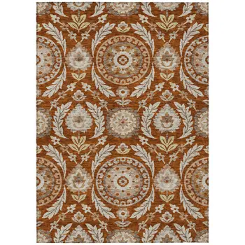 10' X 14' Orange Taupe And Gold Floral Washable Indoor Outdoor Area Rug