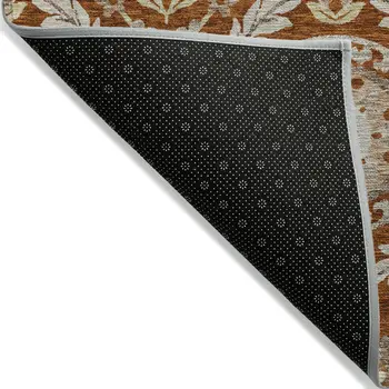 10' X 14' Orange Taupe And Gold Floral Washable Indoor Outdoor Area Rug