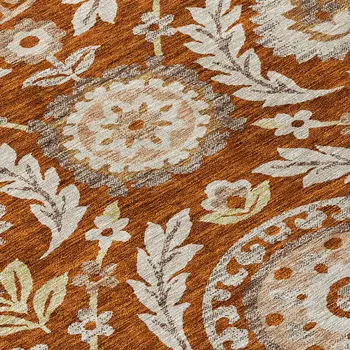 10' X 14' Orange Taupe And Gold Floral Washable Indoor Outdoor Area Rug