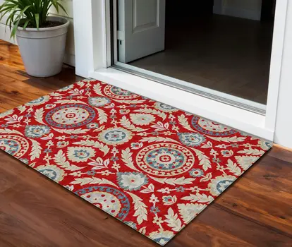3' X 5' Red Beige And Navy Blue Floral Washable Indoor Outdoor Area Rug
