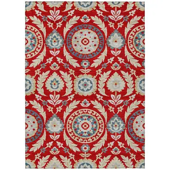 3' X 5' Red Beige And Navy Blue Floral Washable Indoor Outdoor Area Rug
