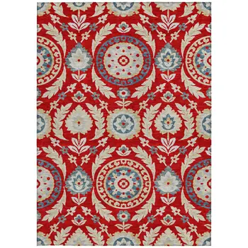 3' X 5' Red Beige And Navy Blue Floral Washable Indoor Outdoor Area Rug