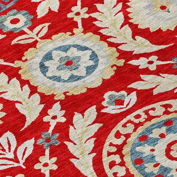 3' X 5' Red Beige And Navy Blue Floral Washable Indoor Outdoor Area Rug