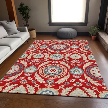 3' X 5' Red Beige And Navy Blue Floral Washable Indoor Outdoor Area Rug
