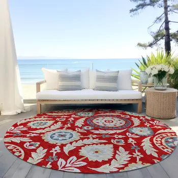 8' Red Beige And Navy Blue Round Floral Washable Indoor Outdoor Area Rug