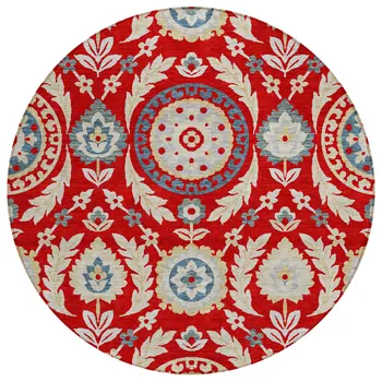 8' Red Beige And Navy Blue Round Floral Washable Indoor Outdoor Area Rug