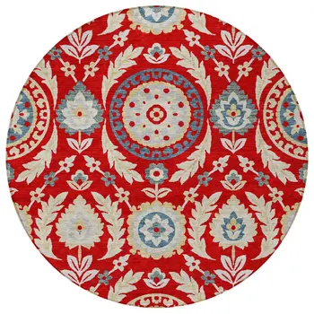 8' Red Beige And Navy Blue Round Floral Washable Indoor Outdoor Area Rug