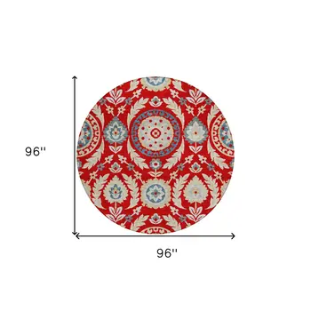 8' Red Beige And Navy Blue Round Floral Washable Indoor Outdoor Area Rug