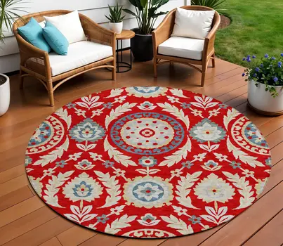 8' Red Beige And Navy Blue Round Floral Washable Indoor Outdoor Area Rug