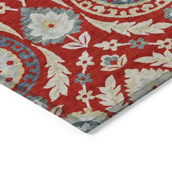 8' X 10' Red Beige And Navy Blue Floral Washable Indoor Outdoor Area Rug