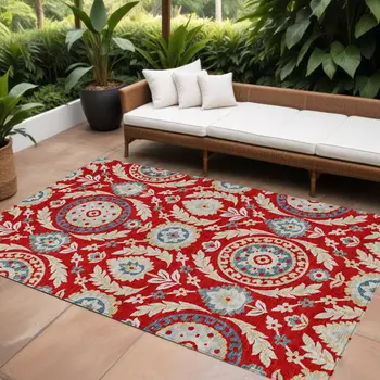 10' X 14' Red Beige And Navy Blue Floral Washable Indoor Outdoor Area Rug