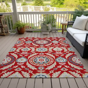 10' X 14' Red Beige And Navy Blue Floral Washable Indoor Outdoor Area Rug