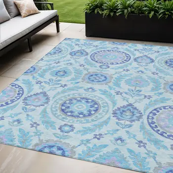 5' X 8' Sky Blue And Lavender Floral Washable Indoor Outdoor Area Rug