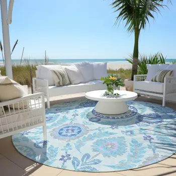 8' Sky Blue And Lavender Round Floral Washable Indoor Outdoor Area Rug