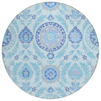 8' Sky Blue And Lavender Round Floral Washable Indoor Outdoor Area Rug