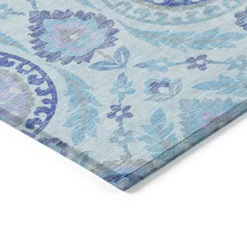 8' Sky Blue And Lavender Round Floral Washable Indoor Outdoor Area Rug