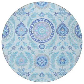 8' Sky Blue And Lavender Round Floral Washable Indoor Outdoor Area Rug