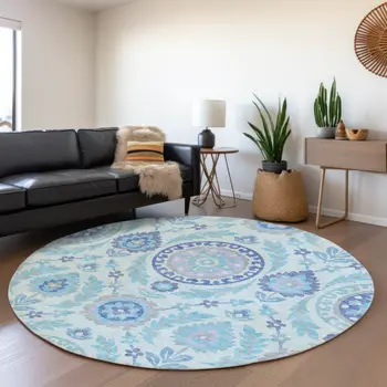 8' Sky Blue And Lavender Round Floral Washable Indoor Outdoor Area Rug