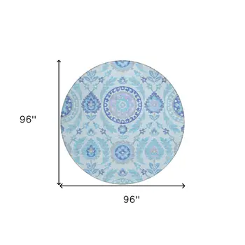 8' Sky Blue And Lavender Round Floral Washable Indoor Outdoor Area Rug